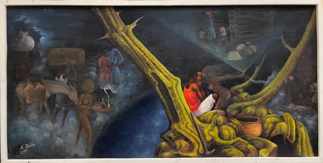 Célestin Faustin (Haïtien, 1948-1981) 24"x48" Hanté par Erzulie 1974 Peinture à l'huile sur carton #1MFN