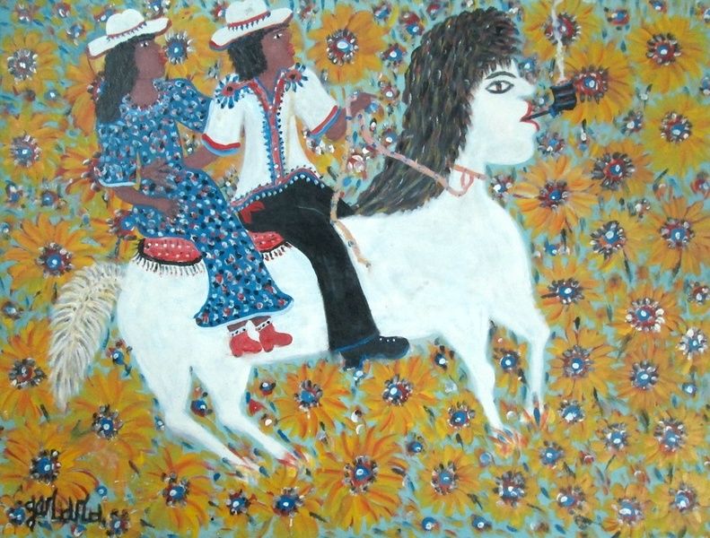 Gerard Fortune 30"x40" Una pareja de vaqueros en un caballo blanco Acrílico sobre lienzo #J115