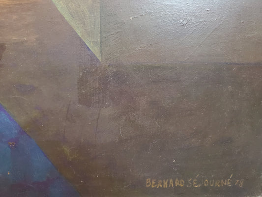 Bernard Sejourne (1947-1994) 36"x32" El vendedor de telas 1978 Acrílico sobre Masonite #1MF