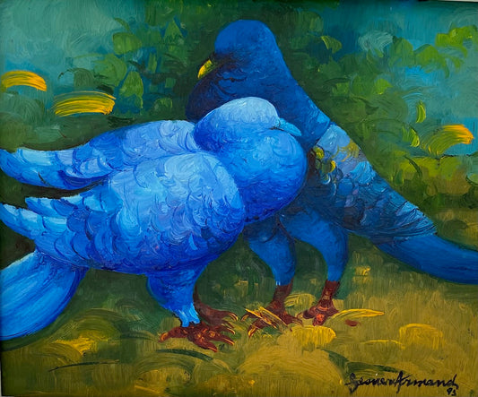 Gesner Armand (1936-2008) 10"x12 Le couple de pigeons bleus 1993 Peinture à l'huile sur planche sans cadre #1AB