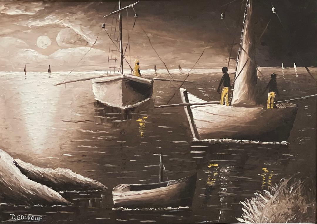 Decourcelle Gourgue 12"x16" Sailors at Night 1971 Oil on Board Framed #1MFN