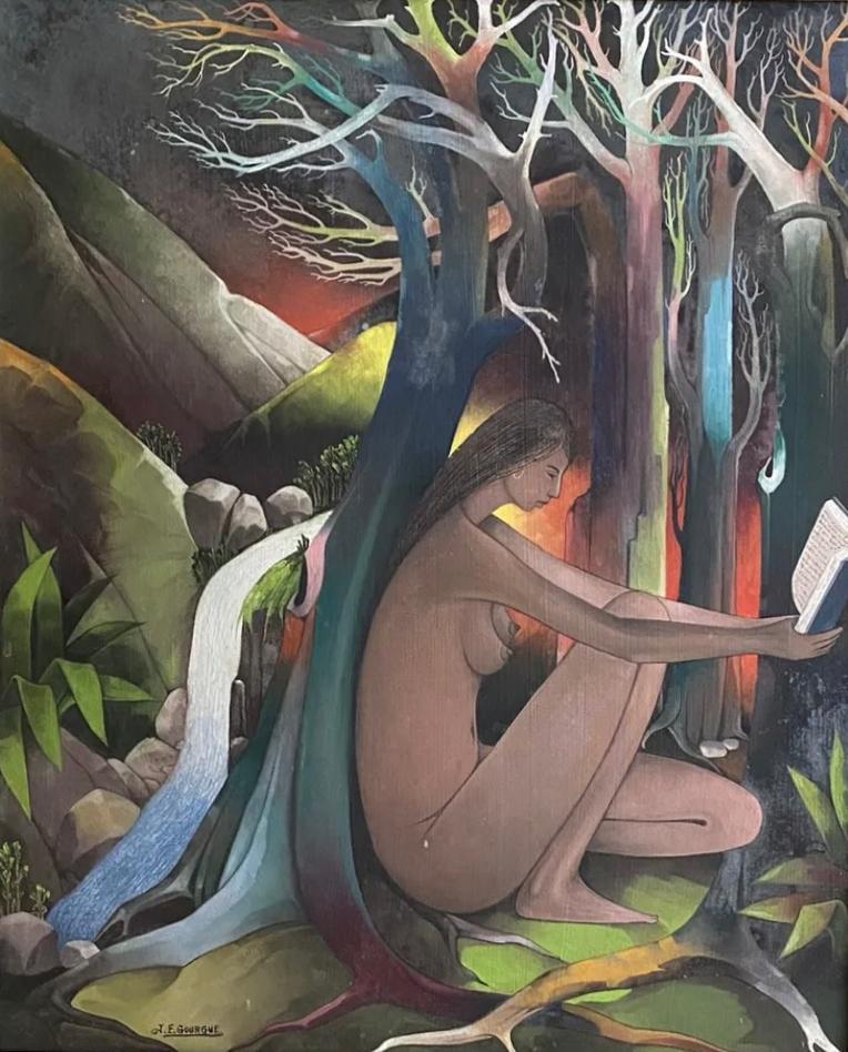 Jacques Enguerrand Gourgue 24"x20 » Eve lisant sous un arbre c1990 Huile sur toile Peinture #1JN-HA