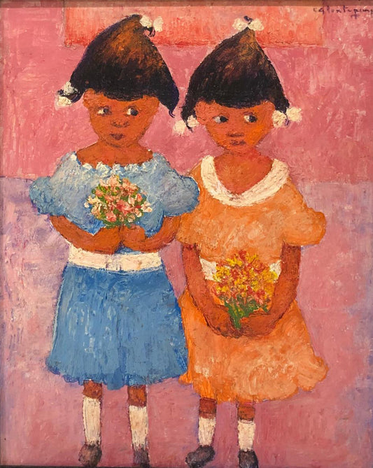 Calixte Henry (1933-2010) 20"x16" Dos niñas Acrílico sobre lienzo Enmarcado #2FC