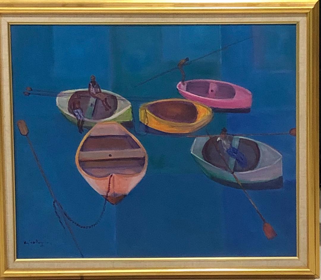 Calixte Henry (1933-2010) 20"x24" Five Boats Acrílico sobre lienzo Enmarcado #1FC