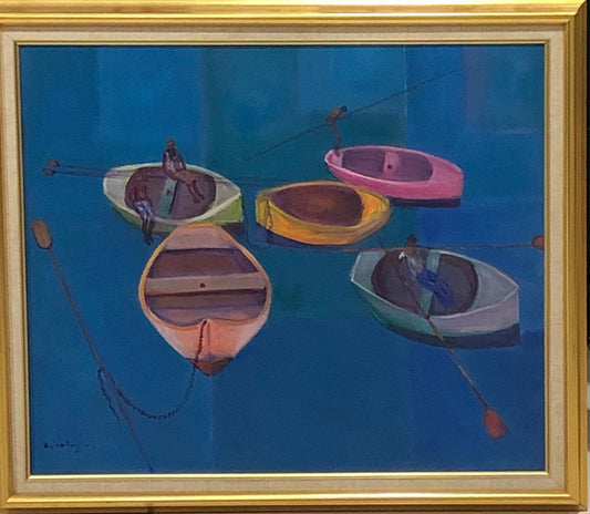 Calixte Henry (1933-2010) 20"x24" Five Boats Acrylic on Canvas Framed #1FC