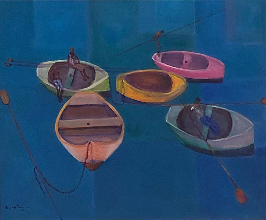 Calixte Henry (1933-2010) 20"x24" Five Boats Acrílico sobre lienzo Enmarcado #1FC