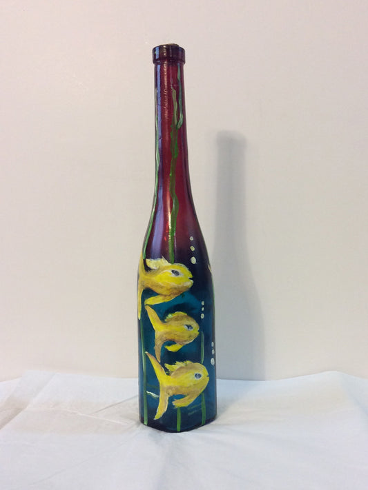 Botella pintada a mano por la artista haitiana Rose-Marie Lebrun 16.5"x2.5"x2.5" Six Yellow Fishes #2MFN