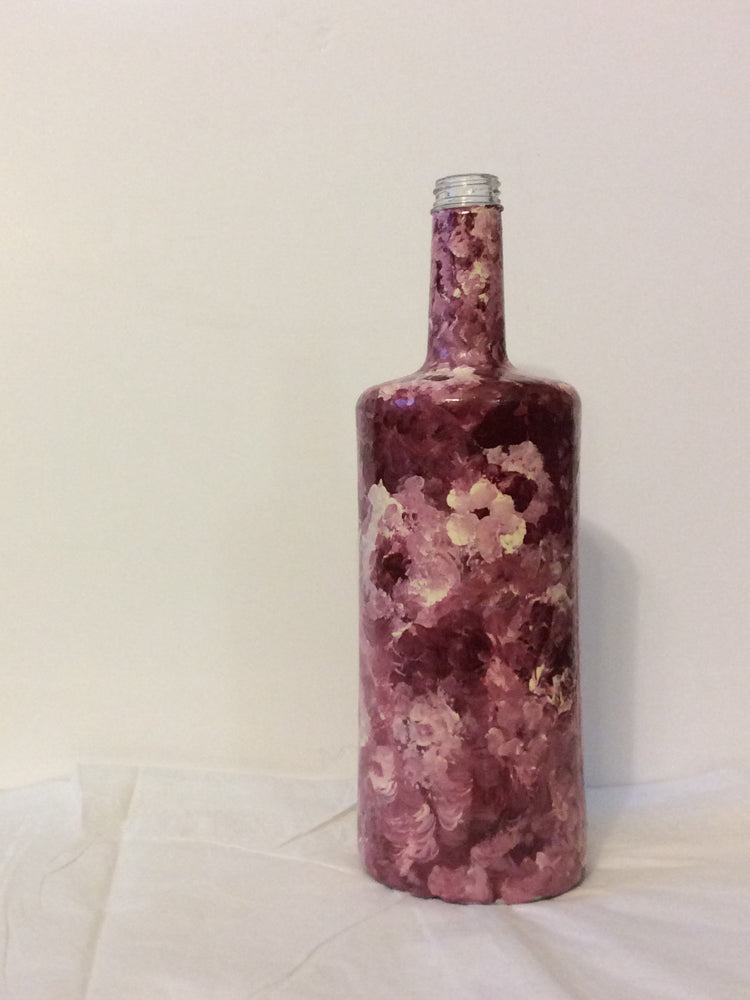 Hand-Painted Bottle by Haitian Artist Rose-Marie Lebrun 14"x6"x3.5" Pink Floral #5MFN