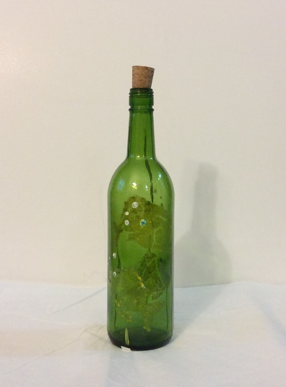 Hand-Painted Bottle by Haitian Artist Rose-Marie Lebrun 12"x3"x2.5" Four Green Fishes #10MFN