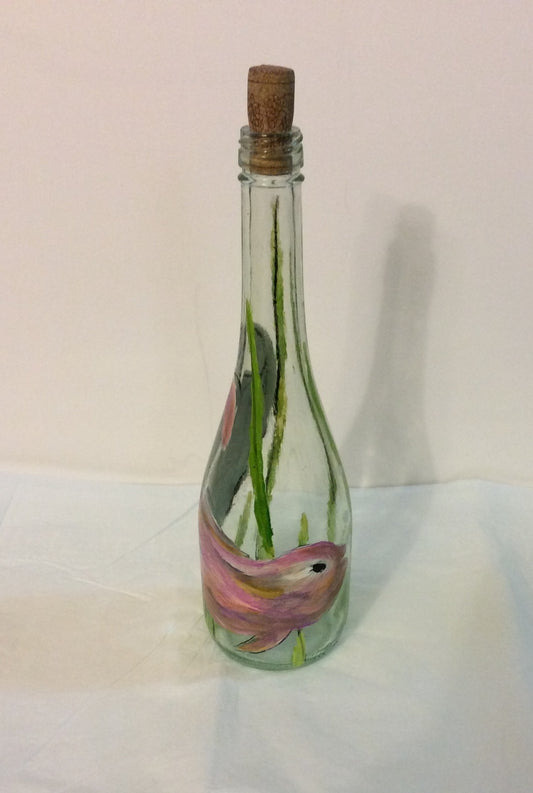Hand-Painted Bottle by Haitian artist Rose-Marie Lebrun 13"x5"x3" Pink Fish /Greenish #11MFN