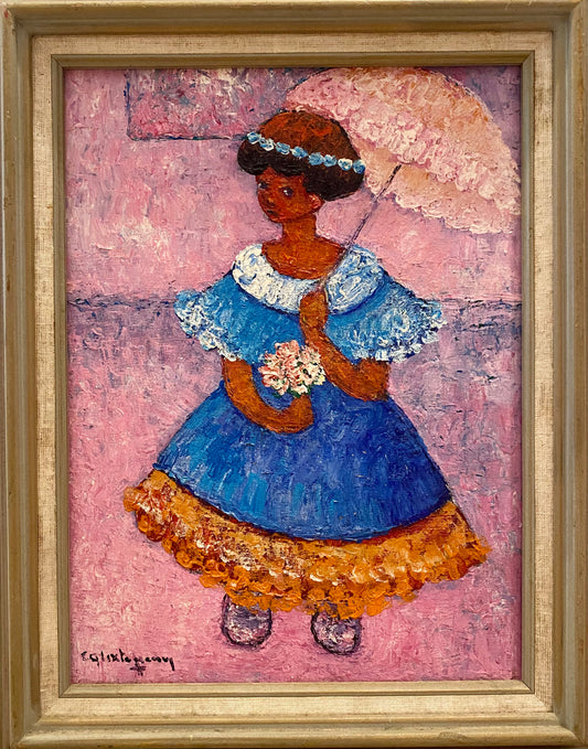 Calixte Henry (Haïtien, 1933-2010) 20"x16" Fille avec parapluie Huile sur toile Peinture #1TC