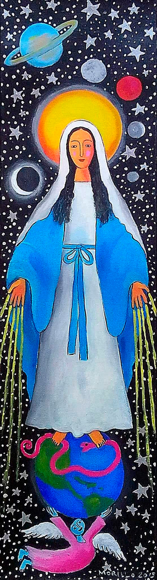Jose Morillo 25"x13 » La Vierge Marie et la Médaille Miraculeuse 2015 Acrylique sur toile #14JM-DR