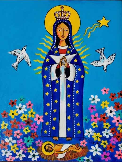 Jose Morillo 24"x20" La Virgen María y el Pequeño Jesús 2020 Acrílico sobre Lienzo #4JM-DR