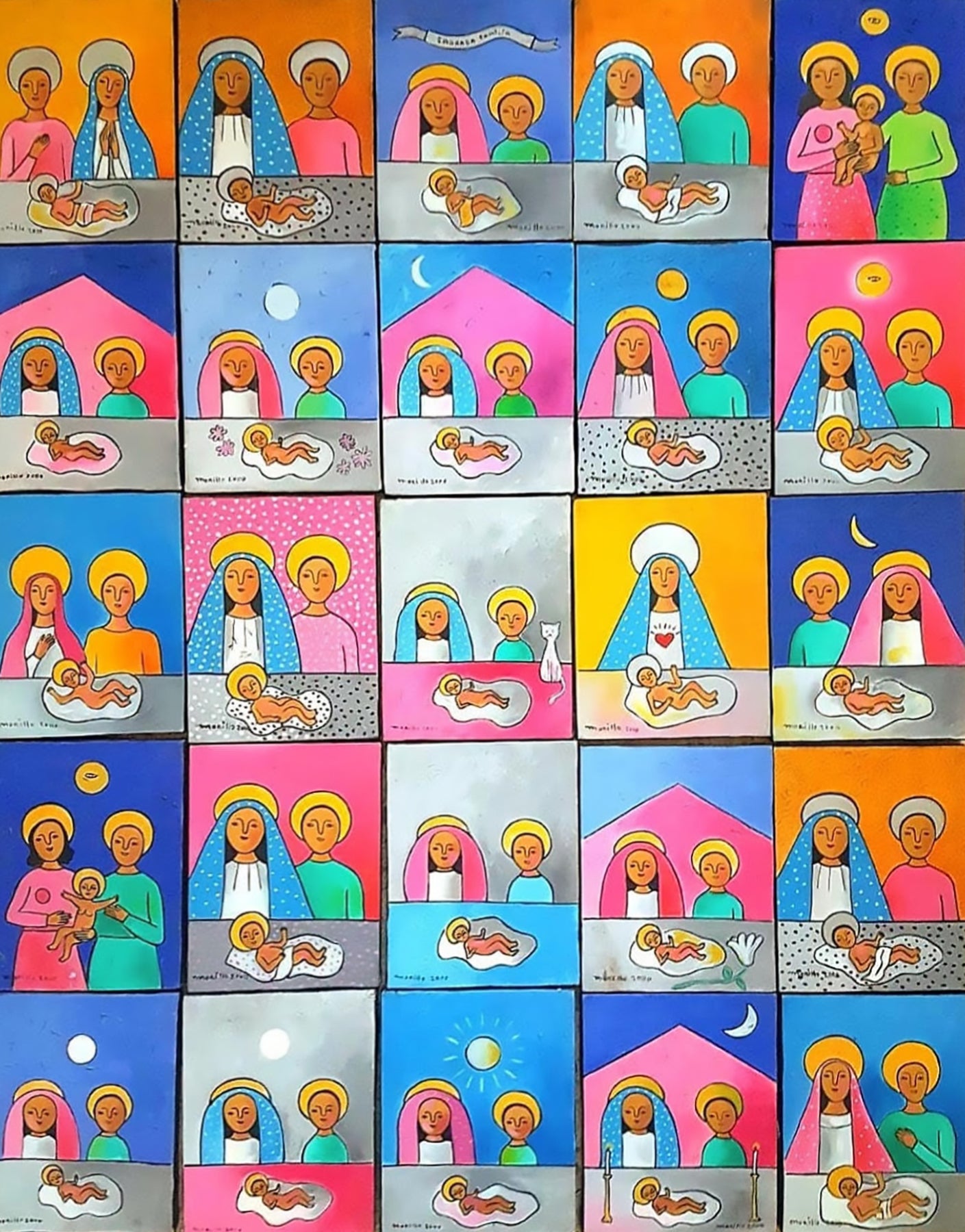 Jose Morillo 50"x40" (25 panels sized 7"x9") The Sacred Family Ensemble 2000 Acrylic on Canvas #8JM-DR