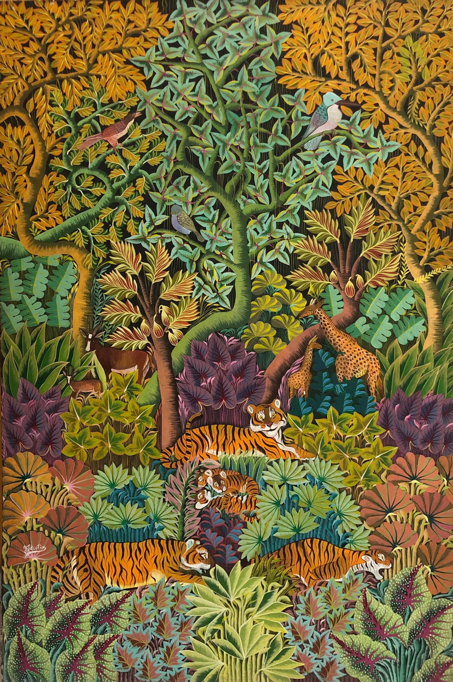Yves Jacotin 48"x36" Tigres en una jungla Óleo sobre lienzo #3-4-90GN-HA