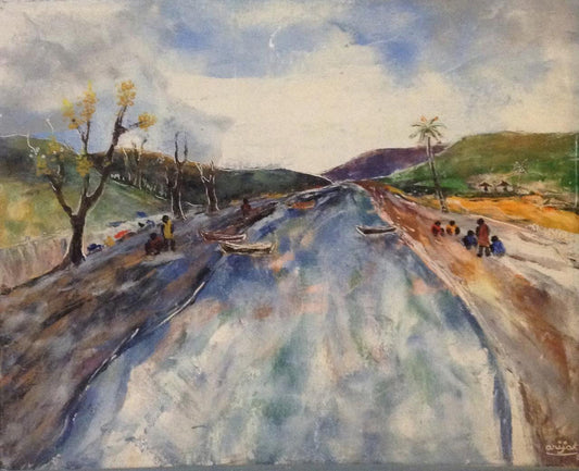 Harry Jacques (Arijak) 24"x30" Landscape by River 1970 Encaustic on Canvas #3295MFN