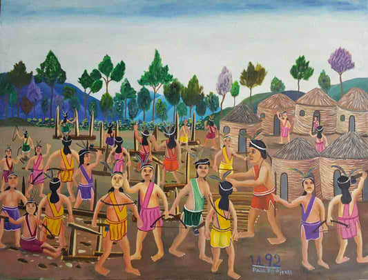 Paul Jn-Pierre 30"x40" Les Indiens en 1492 Huile sur toile #1JN-HA