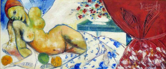 Jean-René Jérôme (1942-1991) 16"x36" Resting  Woman c 1977 Acrylic on Canvas  #1JN-HA