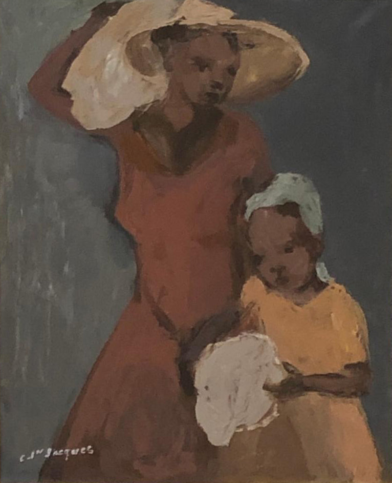 Carlo Jn-Jacques (1943-1990) 20"x16" Mother & Daughter Acrylic on Canvas Framed #1FC