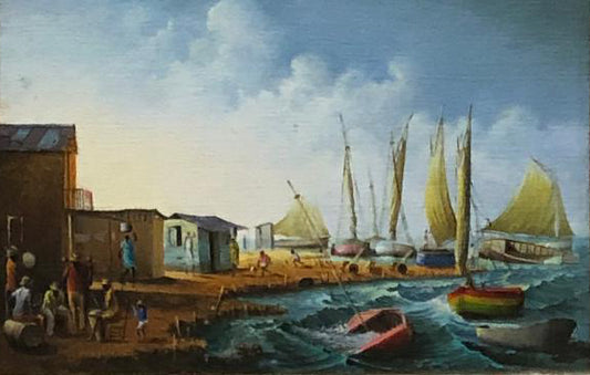 Casimir Joseph 6"x9" Village par Port 1993 Huile sur planche Encadrée#1FC