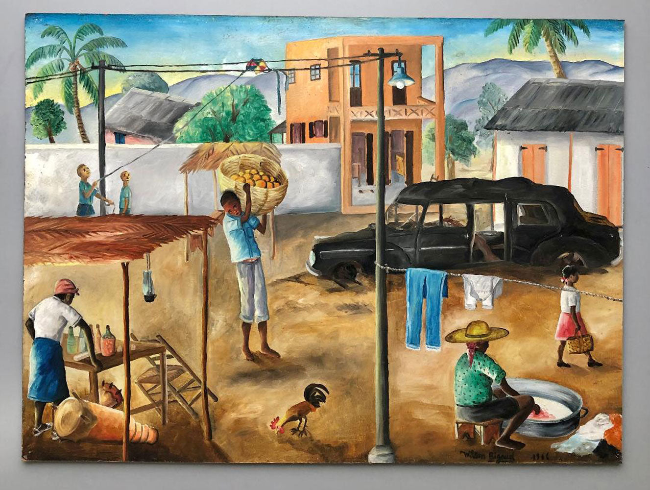 Wilson Bigaud (Haitian, 1931-2010) 16"x21.5" Rural Scene 1965 Oil on Masonite #1JK