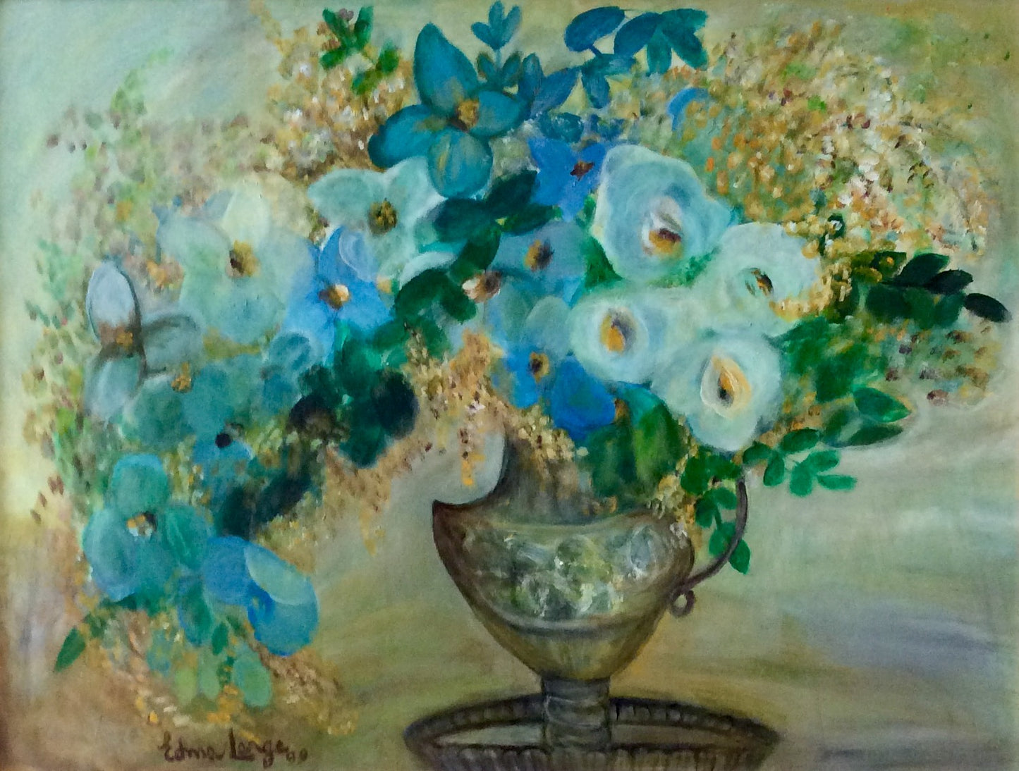 Edma Large (1928- 2011) Vase de fleurs 29"x39" Acrylique sur toile#1MFN Objet de collection