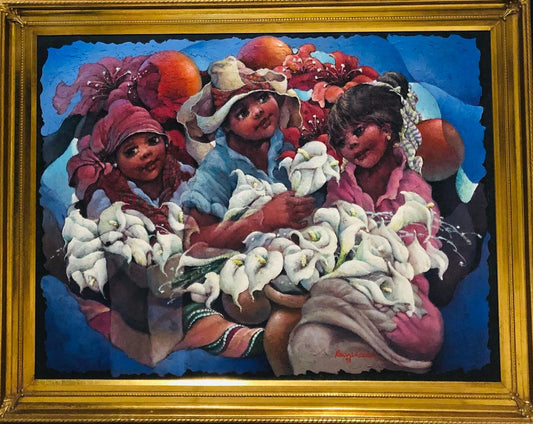 Lyonel Laurenceau 30"x40" The Children Flower Sellers 1998 Acrylic on Canvas Framed #1FC