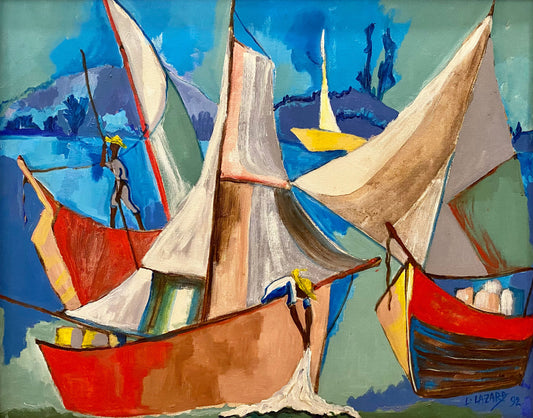 Luckner Lazard (Haïtien, 1928-1998) 24"x32" Pêcheurs sur bateaux 1992 Huile sur toile Peinture #1TC