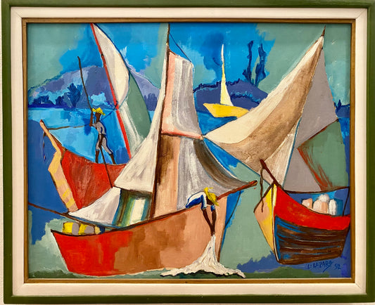 Luckner Lazard (Haïtien, 1928-1998) 24"x32" Pêcheurs sur bateaux 1992 Huile sur toile Peinture #1TC