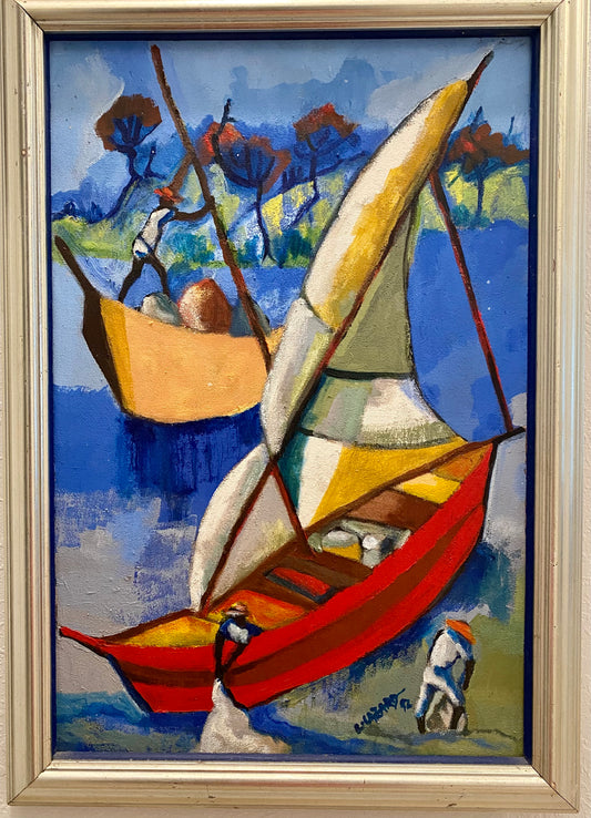 Luckner Lazard (Haïtien, 1928-1998) 24"x16" Pêcheurs/Shoreline 1992 Huile sur toile Peinture-Encadrée 19 ¼" x 27" #2TC