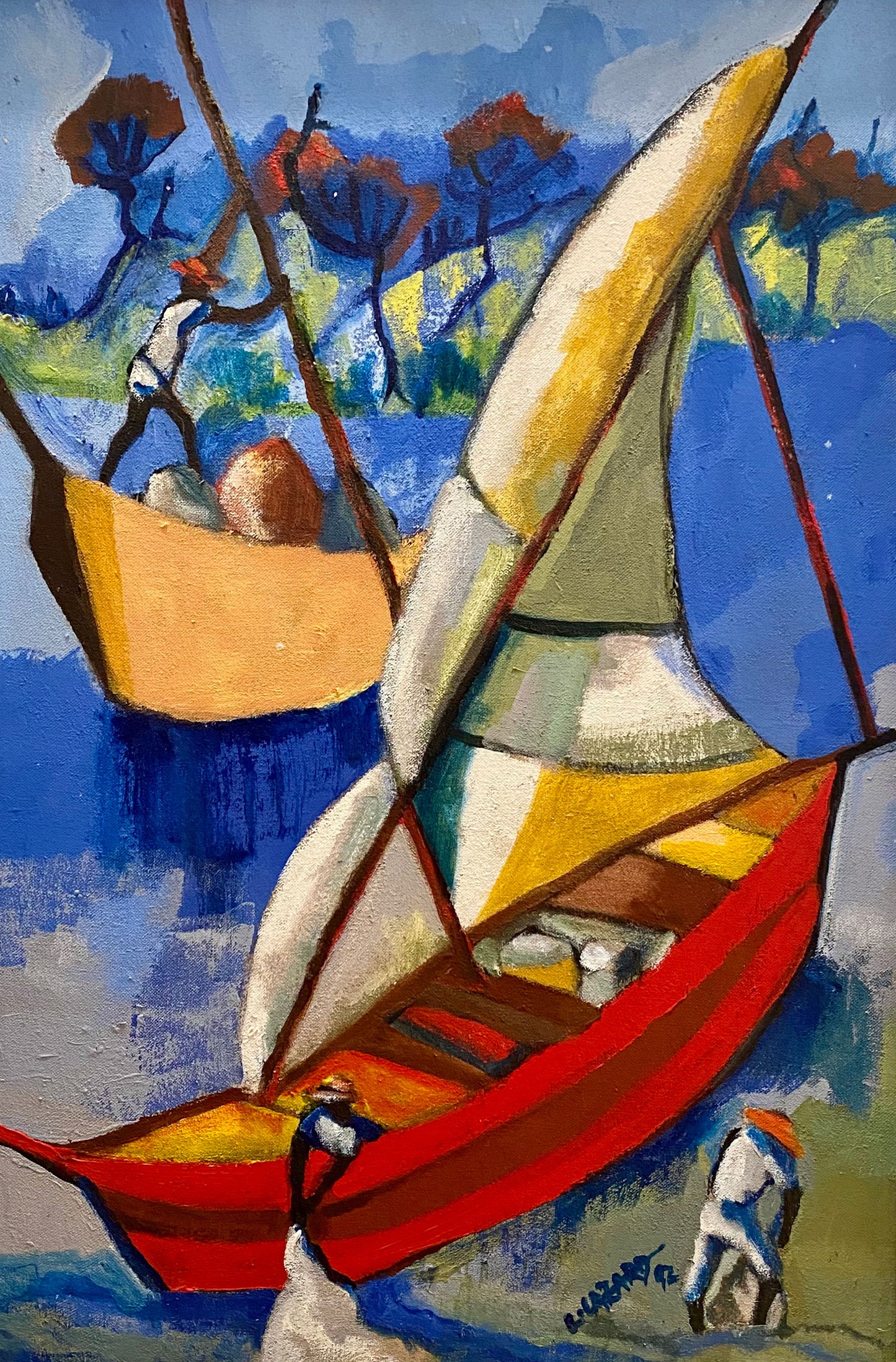 Luckner Lazard (Haitian, 1928-1998) 24"x18" Fishermen/Shoreline 1992 Oil on Canvas Painting #2TC