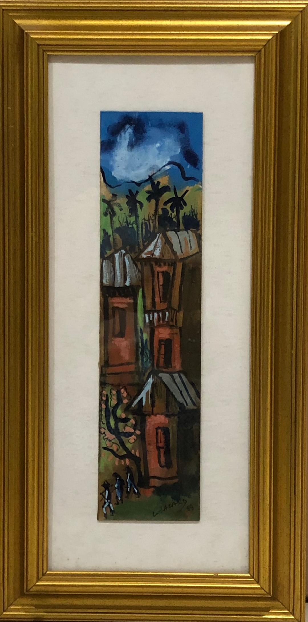 Luckner Lazard (1928-1998) 12"x3" Houses & Trees 1988 Watercolor on Hard Paper Framed  Under Glass #1FC