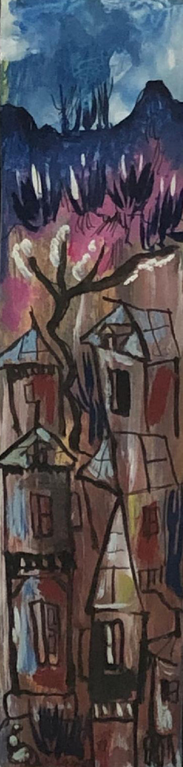 Luckner Lazard (1928-1998) 12"x3" Houses & Mountains 1989 Watercolor Framed  Under Glass #3FC