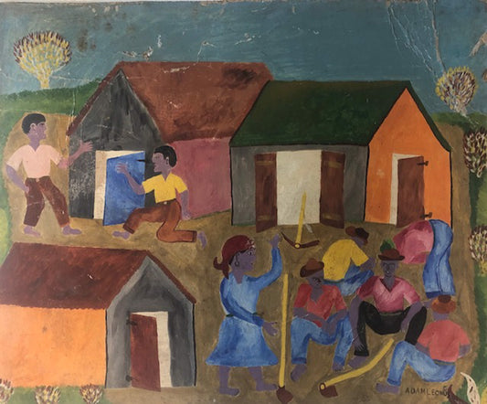 Adam Leontus (Haitiano, 1926-1986) 20"x24" Escena rural 1960 Óleo sobre tabla #1GSN-NY