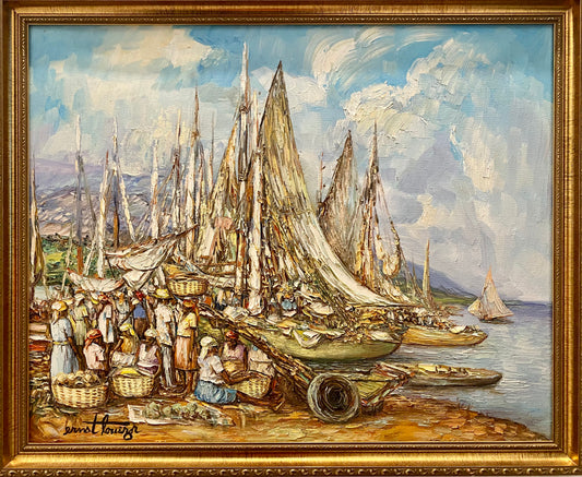 Ernst Louizor (Haïtien, 1938-2011) 24"x30" Scène de marché au bord du port Huile sur toile Peinture #1TC