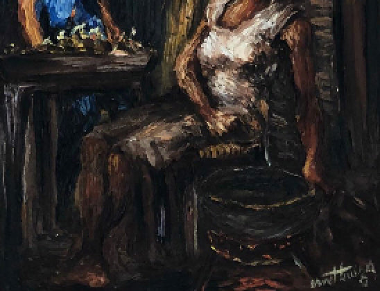 Ernst Louizor (Haitian, 1938-2011) "Noctural Seller" 1974 Oil on Canvas Painting 24"h x 16"w #114-3-96GSN-NY
