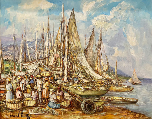 Ernst Louizor (Haïtien, 1938-2011) 24"x30" Scène de marché au bord du port Huile sur toile Peinture #1TC
