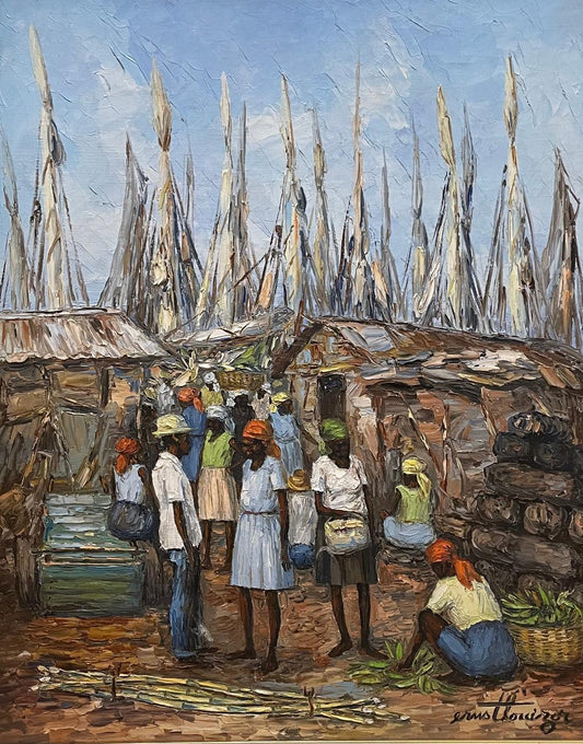 Ernst Louizor (Haïtien, 1938-2011) 20"x16" Scène de marché 1983 Huile sur toile Peinture #8-3-96MFN
