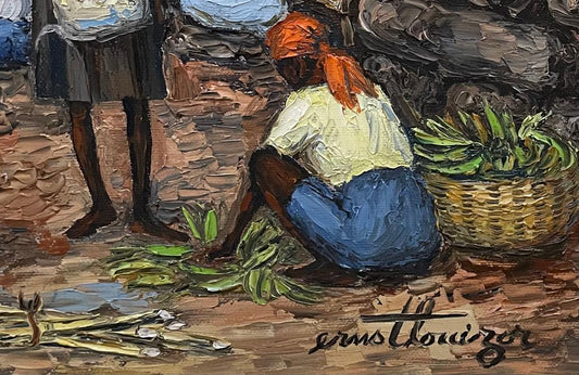 Ernst Louizor (Haïtien, 1938-2011) 20"x16" Scène de marché 1983 Huile sur toile Peinture #8-3-96MFN