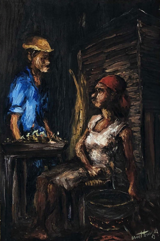 Ernst Louizor (Haïtien, 1938-2011) « Vendeur nocturne » 1974 Huile sur toile Peinture 24"hx 16"w #114-3-96GSN-NY