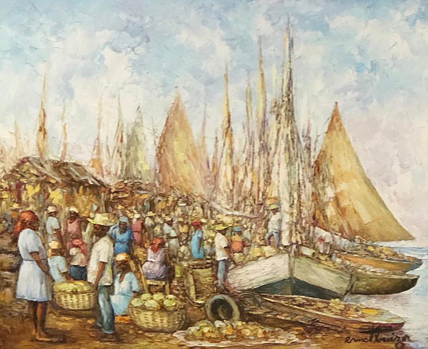 Ernst Louizor (1938-2011) 20"x24" Market at Port Oil on Canvas Painting #1FC