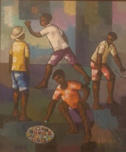 Manes Descollines (1936-1985) 32"x24" Niños jugando Acrílico sobre lienzo #1BA