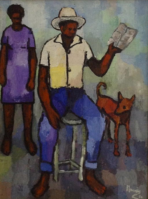 Manes Descollines (1936-1985) 12"x16" The Reader and His Dog Acrylic on Canvas #9880GN-HA