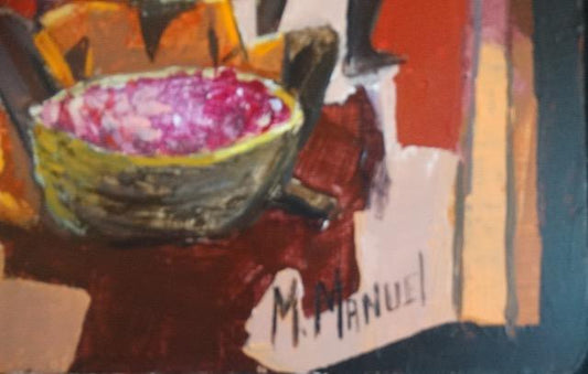 Michele Manuel (1935-2022) 8"x21" Jours de marché 2005 Acrylique sur toile Peinture #1RP