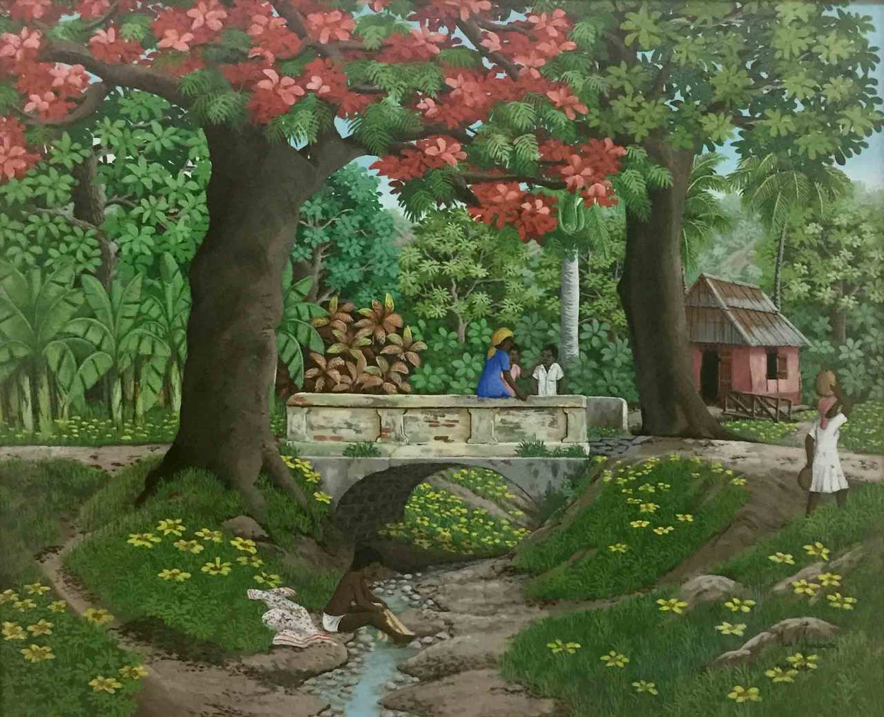 Max Gerbier oil on canvas depicting a lush Haitian countryside with flowering trees, stone bridge, tropical vegetation, and figures in a peaceful rural landscape.