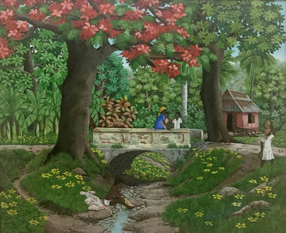 Max Gerbier oil on canvas depicting a lush Haitian countryside with flowering trees, stone bridge, tropical vegetation, and figures in a peaceful rural landscape.