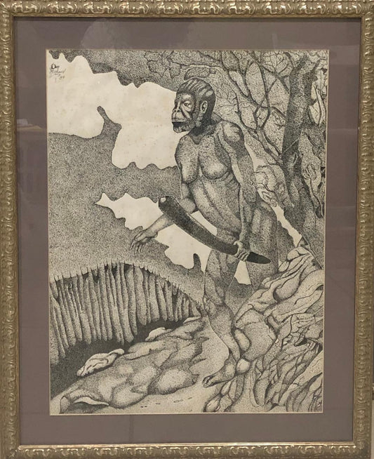 Don Michaud 25"x20" The Neanderthal 1994 Drawing Framed Under Glass #1FC