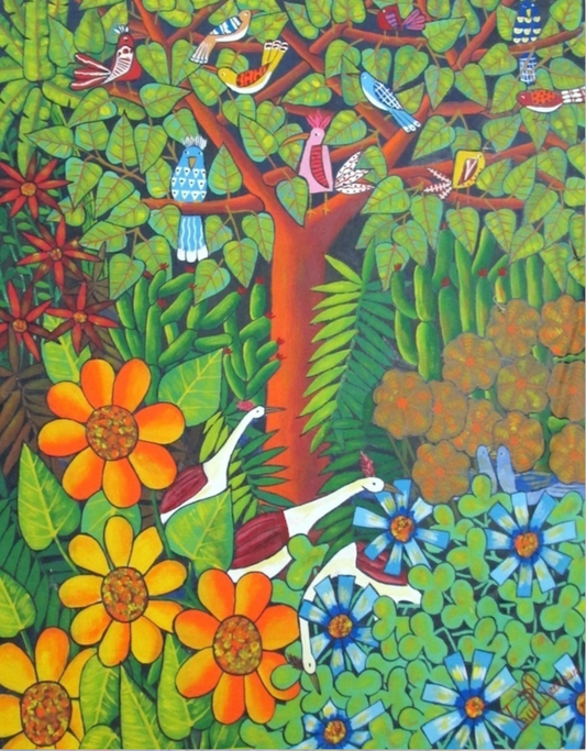 Paul Nemours 24"x30" Huile de jungle tropicale sur toile #J47-HA encadrée