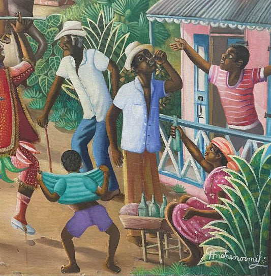 Andre Normil (Haitiano, 1934-2014) "Escena Rara" Pintura al óleo enmarcada sobre lienzo 24"h x 47"w #2GSN-NY