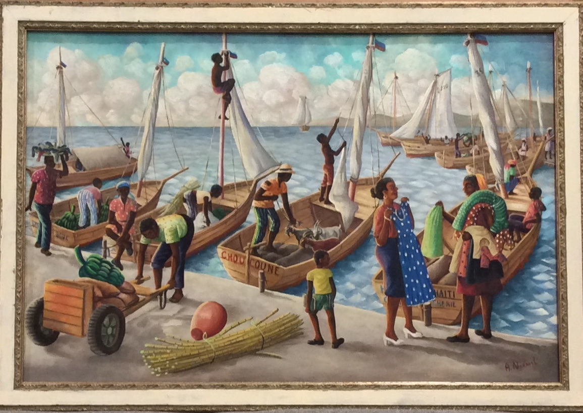 Andre Normil (1934-2014) 20"x30" Scene At The Port c1960  Oil on Masonite Painting #1GSN-NY